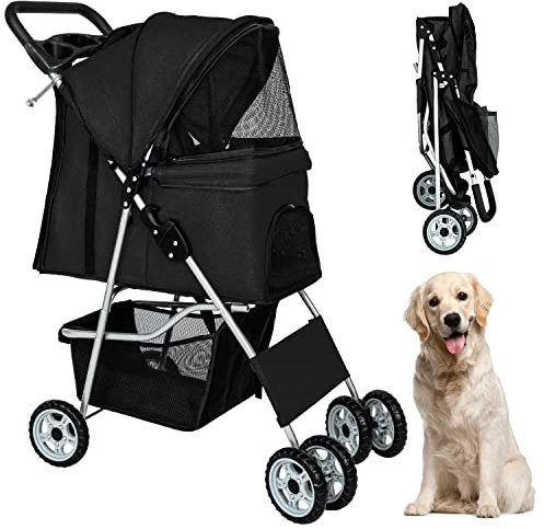 BestPet Pet Stroller Dog Cat Jogger Stroller for Medium Small Dogs Cats Folding Lightweight Travel Stroller with Cup Holder (Black, 4 Wheels)