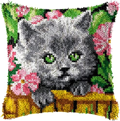ROCKY&CHAO Kit de crochet : housse de coussin à faire soi-même avec motif chat mignon 43 x 43 cm, artisanat au crochet pour débutants, enfants et adultes, décoration d'intérieur faite à la main