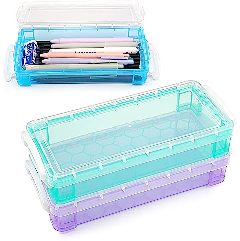 Tikplus Lot de 3 boîtes à crayons empilables transparentes pour enfants, fournitures de bureau, organisateur pour crayons aquarelle, crayons à pinceaux, outils de dessin