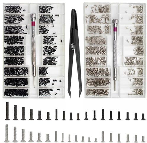 1000 Piezas Tiny Micro Kit de Tornillos de Reparación Kit de Surtido de Tornillos Pequeños microtornillos M1.2 M1.4 M2 con destornillador y pinza para gafas, gafas de sol y relojes Plateado y Negro