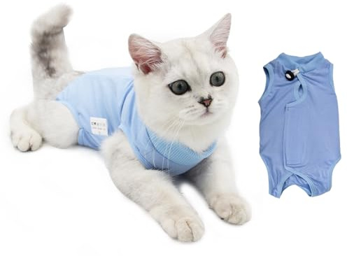 Traje de Recuperación de Gato, Ropa de Mascotas Después de la Cirugía, Chaleco de Gatitos de Protección, E-Collar Alternativa para Heridas Abdominales o Enfermedades de la Piel (M, azul)