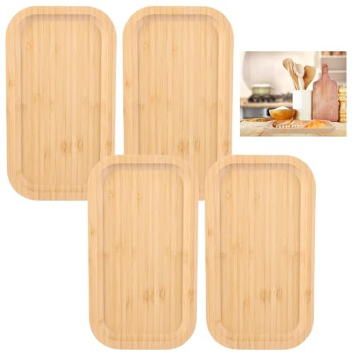 WOPPLXY 4 Stück Holztablett Deko, 25 x 14 x 2 cm Deko Tablett Holz mit Hochgezogenem, Bambus Tablett für Desserts, Dekorationen, Kosmetika, Grünzeug, Badeprodukte