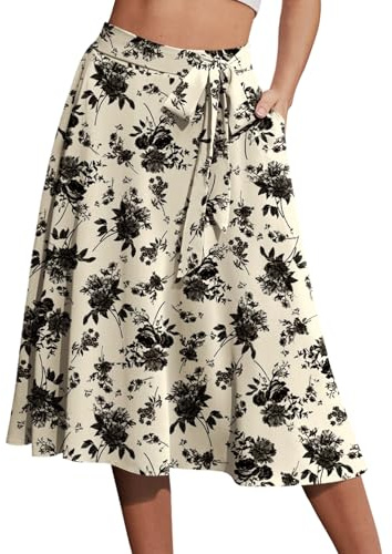 Yincro Womens A-Line Midi Skirt with Pockets (Black Flower Light Beige, XL)