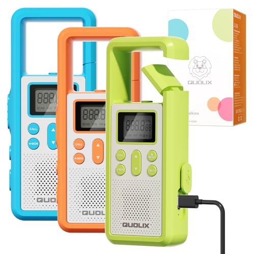 Talkie Walkie Enfants 3 Pièces, Rechargeable Talkie Walkies Longue Portée avec Conception de Boucle d'escalade - 8 Canaux Radio à 2 Voies Écran LCD VOX & Alarme SOS pour Jeu d'Aventure Randonneé Vélo