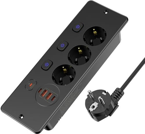 Versenkbare Steckdose 3 Fach, Einbau steckdosenleiste mit 4 USB, Einbausteckdose Mehrfachsteckdose, Tischsteckdose mit 2 USB C, Tischplatte Versenkte Steckdose mit 3 Schalter - 2M Kabel Schwarz Black