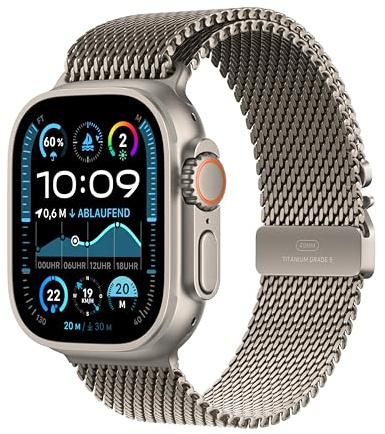 Apple Watch Ultra 2 (GPS + Cellular 49 mm) Smartwatch, Sportuhr mit Titangehäuse in Natur und Milanaise Armband in Titan Natur (M). Fitnesstracker, präzises GPS, Actiontaste, CO₂ neutral
