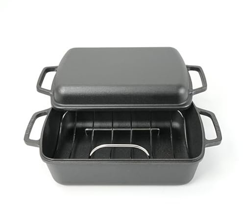 HAWOK Cast Iron Rectangular Barbecue Bakeware Roaster Pan with U-Rack for Indoor/Outdoor Cooking Black