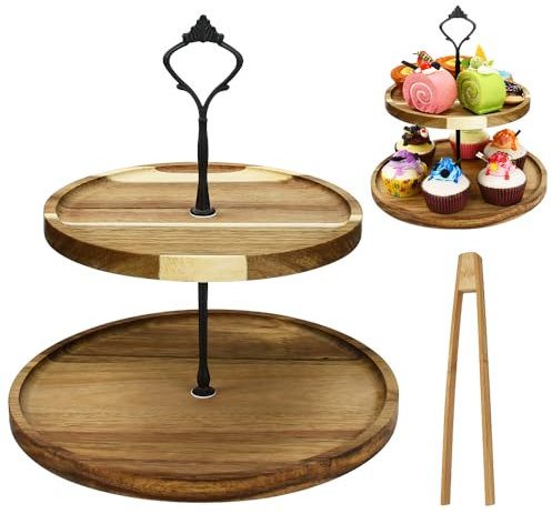 EUIEUT 2 Tier Wooden Cupcake Stand Tiered Serving Tray Rustic Cake Tower Stand Round Dessert Display Stand with Metal Handle for Wedding Birthday Tea Party Baby Shower Kitchen Decor