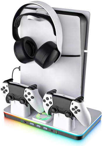 G-STORY Estación de refrigeración para PS5 Pro/Slim Stand con Controlador de estación de Carga para Consolas Digitales PlayStation de 5 Discos, Accesorios PS5, 3 concentradores USB, Soporte para