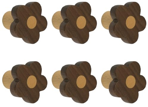 MOROBOR Lot de 6 boutons d'armoire en bois en forme de fleur, poignées en bois de noyer à trou unique, tirettes pour chambre d'enfant pour commode avec vis et tube d'expansion