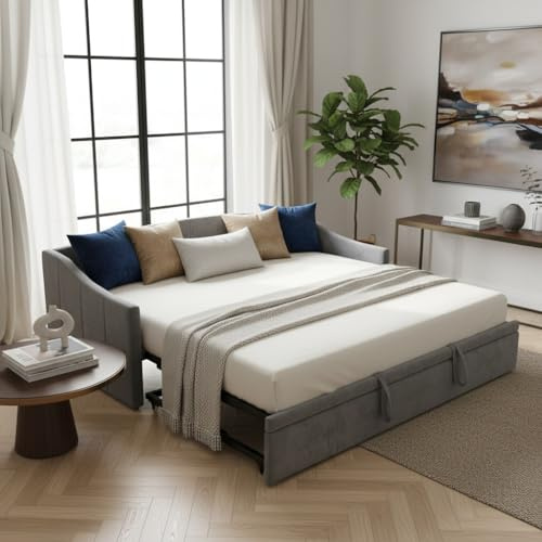 RXMORI Letto estraibile 90x200cm con doghe in legno, letto imbottito Letto estraibile 90/180x200cm, letto singolo/matrimoniale con doghe, letto multifunzione