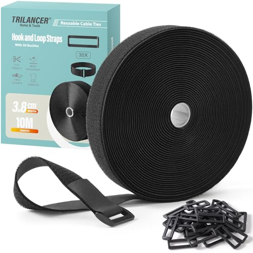 Trilancer 3.8cm x 10 m Robustes Klettband mit 30 Schnallen – Verstellbar, auf Maß Zuschneidbar und Wiederverwendbar, Ideal für Kabel, Schläuche, Rohre und Mehr