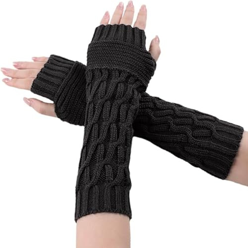 KYEDGC Arm Warmers, Black Fingerless Gloves for Women, Wrist Warmers, Long Knitted Hand Warmers for Winter, Warm Sleeves with Thumb Hole, Stylish and Versatile Accessory
