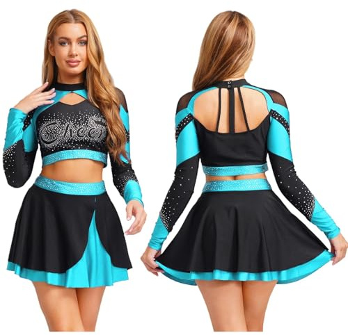 Cheerleader-klänning för kvinnor, glittrande strass cheerleading kostym, cheerleading uniform, långärmad perforerad kort topp och skate kjol, balklänningar