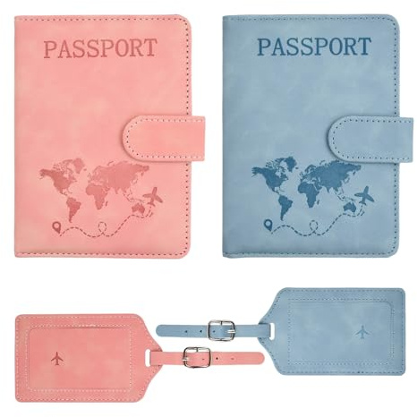 Ziyonix 2 Pièces Étui pour Passeport en Cuir Synthétique, Porte Passeport Cuir PU Blocage RFID Pochette Passeport avec Etiquette Bagage Couverture de Passeport en PU pour Passeport Carte