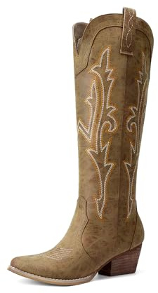DREAM PAIRS Women's Western Knee High Cowboy Boots,Size 5.5,Tan