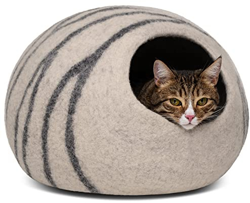 MEOWFIA Cat Cave – Premium Felt Cat Bed for Indoor Cats, Handmade Merino Wool (Light Grey, Large)
