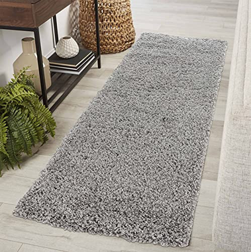 Serdim Rugs Living Room Hallway Runner Shaggy Rugs, Polypropylene, Silver Grey, 60x220cm(2 x7'3)
