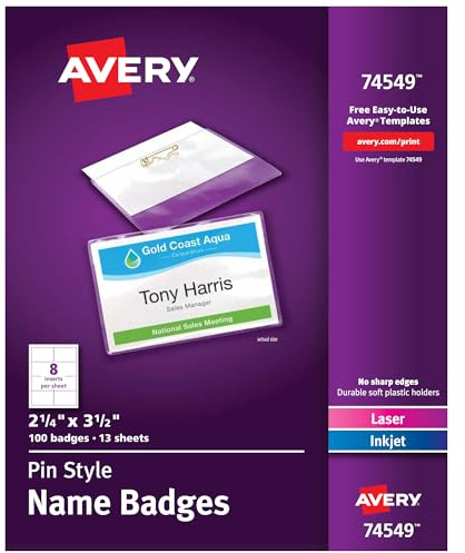 Avery Customizable Name Badges, Pin Style, 2.25 x 3.5, Clear Name Tag Holders, White Laser/Inkjet Printable Inserts, 100 Total (74549)
