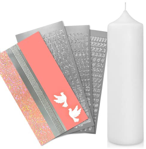 WIKAKERZEN Taufkerze selber Machen Set mit Kerzen-Rohling Buchstaben und Wachsplatten mit Wachsmotiven | Jetzt Größe und Farben Wählen (Kerze 25x7 cm | Weiss, Rosa mit Taube)