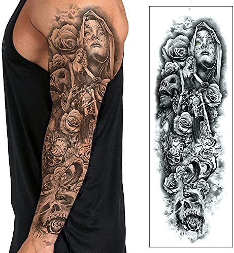 Realistic Temporary Tattoo Sleeve Transfer - Full Arm Biker Hells Angel Motorcycle Tribal Waterproof Fake Tattoo Sticker for Men Women - By Delusion Tattoos Grey