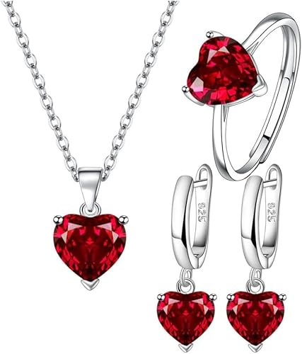 TTPSRY 3 Pezzi di Gioielli Combinazioni Collana Orecchini Anello Parure in Argento con Strass Cuore Pendente Regalo per Donna Moglie (Rosso)