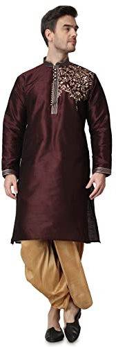 Royal Kurta Conjunto de pantalón Kurta y Dhoti bordado de seda de algodón para hombre, Marrón, 40