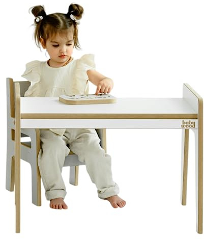 Babywood bord och stol för barn, barnskrivbordsset med trästol, säkert spelbordsset (vit)