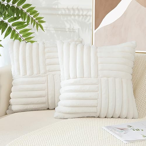 JOTOM 2er Set Gestückelte Samt Kissenbezug Weiche Kunstpelz Plüsch Dekorative Kissenhülle Fuzzy gestreifte Kissenbezüge für Bett Sofa Wohnzimmer Schlafzimmer, Beige 45 x 45 cm