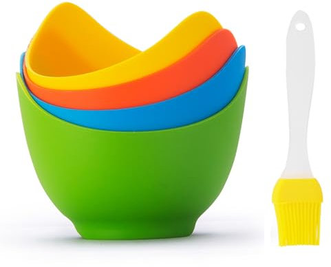 4pcs Silicone Egg Poacher Cups with Bonus Oil Brush, Nonstick Egg Poaching Cups for Air Fryer, Baking Oven or Stovetop Egg Cooking, BPA Free.