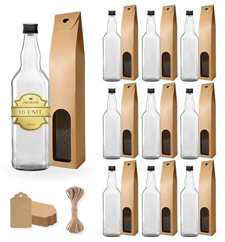10 botellas de cristal de 500 ml con tapón de corcho + 10 cajas + 10 etiquetas Kraft + cuerda – bebidas espirituosas: ron, whiskey, ginebra, tequila, licores – recuerdos, cócteles