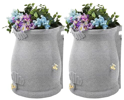 Good Ideas Rain Wizard 50 Gallon Rain Saver Barrel Water Storage Urn with Planter Space and 2 Brass Spigots, Light Granite (2 Pack)