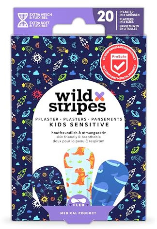 Wild Stripes Kinderpflaster Set I Fingerpflaster I Kids Space I Pflaster Kinder Hautfreundlich I Wasserdichte Pflaster Wasserresistent I Wundpflaster 24h Schutz I Weltraum-Designs I 20 Stück