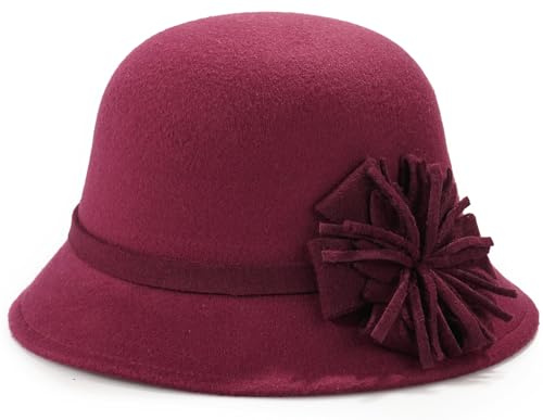 MESU Sombrero de campana de fieltro para mujer, estilo floral, fedora, sombrero de cubo vintage de los años 20, rojo vino, Talla única