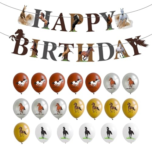 20 stycken hästballonger, 1 st födelsedagsflagga, hästfödelsedagsdekorationer, hästtema partydekorationer, roligt födelsedagsset