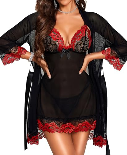 RSLOVE Lingerie Donna Sexy Babydoll in Pizzo Camicia da Notte Set di Pigiama Completo Intimi Vestaglia A Rete