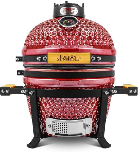 London Sunshine Parrilla Kamado de cerámica para barbacoa de carbón vegetal de 13 pulgadas portátil con rejillas de acero inoxidable, rojo perlado