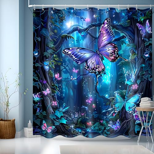 Duschvorhang Blau,Duschvorhang 180x200,Badevorhang Bunt Duschvorhänge mit Motiv für Badezimmer Badewanne,Badevorhang Wasserdicht und Schnell Trocknend,Badewannenvorhang mit 12 Duschvorhangringe