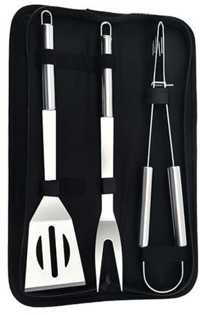 Lot de 3 ustensiles de barbecue en acier inoxydable de qualité supérieure avec étui de transport, comprenant spatule, pince, fourchette, pinceau à badigeonner et brosse de nettoyage pour la cuisine en