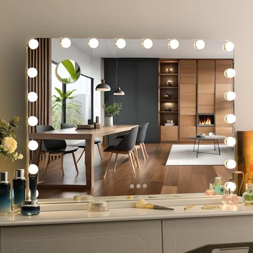 Clevich Hollywood Specchio Trucco con Luci, 80 x 60 cm Specchio con 20 Luci LED, 3 modalità Luce e controllo touch, porta USB, Specchi da parete o da tavolo (Bianco)