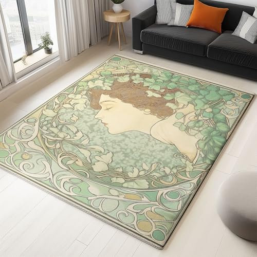 Teppich 160 x 230 cm Bedruckter Kurzflor-Teppich Cartoon Dame Rebe Großer Innenteppich Mit Rutschfester Rückseite, Waschbarer Superfeinem Kaschmir Teppich Grün Creme