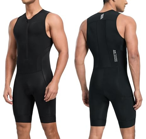 Santic Triathlondräkt för män vadderad onepiece ärmlös pro triathlon-dräkt racingsport trisuit kortärmad cykelsportdräkt för cykling simning löpning, svart, S