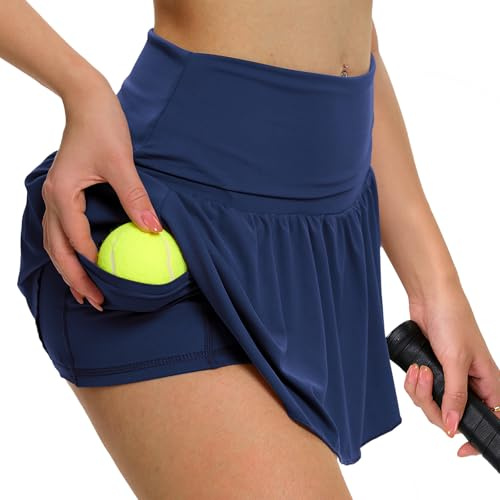 Eisnnu Gonna Corta da Tennis da Donna Elastico in Vita, Gonna Corta con Pantaloni, Gonna Estiva da Skater Sportiva (IT, Testo, L, Regular, Regular, Blu)