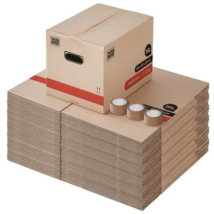 Pack and Move - Lot 60 Cartons Déménagement Livres Premium - 40 X 30 X 30 Cm - Extrême Résistance 30 KG - Poignées Renforcées - 3 Adhésifs Offerts