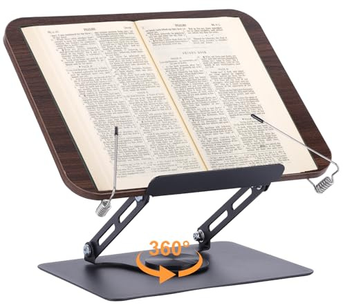 ASIEIT Book Stand for Reading, Adjustable Book Holder with 360° Swivel Base, Foldable Cookbook Stand with Elastic Page Clips for Kitchen, Office, Music Scores, Recipe, Magazines, Laptop -Brown