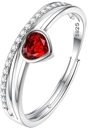 JeweBella Bague Argent 925 Femme Réglable Bagues Pierre de Naissance Coeur Bague Zirconium Couple Fiançailles Alliance Femme Bijoux Cadeau pour Anniversaire