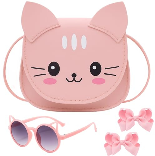 BDBFPAN 4 Stück Handtasche Mädchen Set, Umhängetasche Mädchen, Tasche Mädchen, Niedliche Katzen Umhängetasche Für Kinder, Mit Katzenohrenbrille und Schmetterlingsknoten
