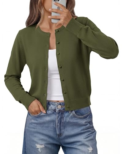 BTFBM Cardigan Sweaters for Women 2026 Lightweight Sweater Button Down Casual Knit Shrugs Tops Spring Fashion Clothing(Army Green, Small)