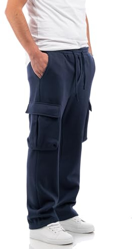 Pantaloni Uomo Tuta Cargo Baggy Fit Pantalone Felpato tasconi Caldo Cotone VEQUE (IT, Testo, L, Regular, Regular, Blu)
