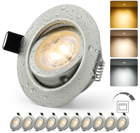 HOMEOW Infälld LED-spotlight dimbar nickel extra platt hål 68 mm - 80 mm IP44 6 W 230 V, takspot för kök, vardagsrum, sovrum, varm/neutral/kall justerbar vit, set med 10 st